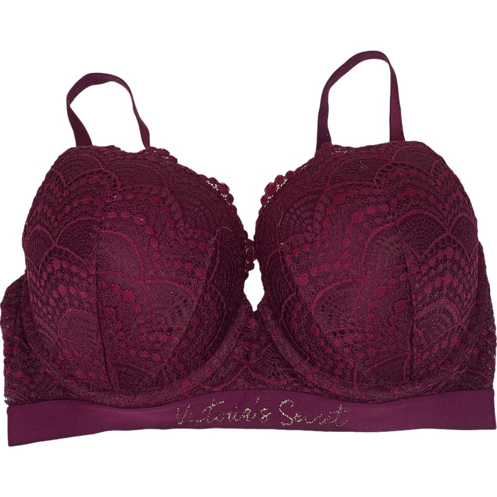 Victoria's Secret 34DD Push Up TShirt Full Coverage Bra Burgundy Red Floral Lace
